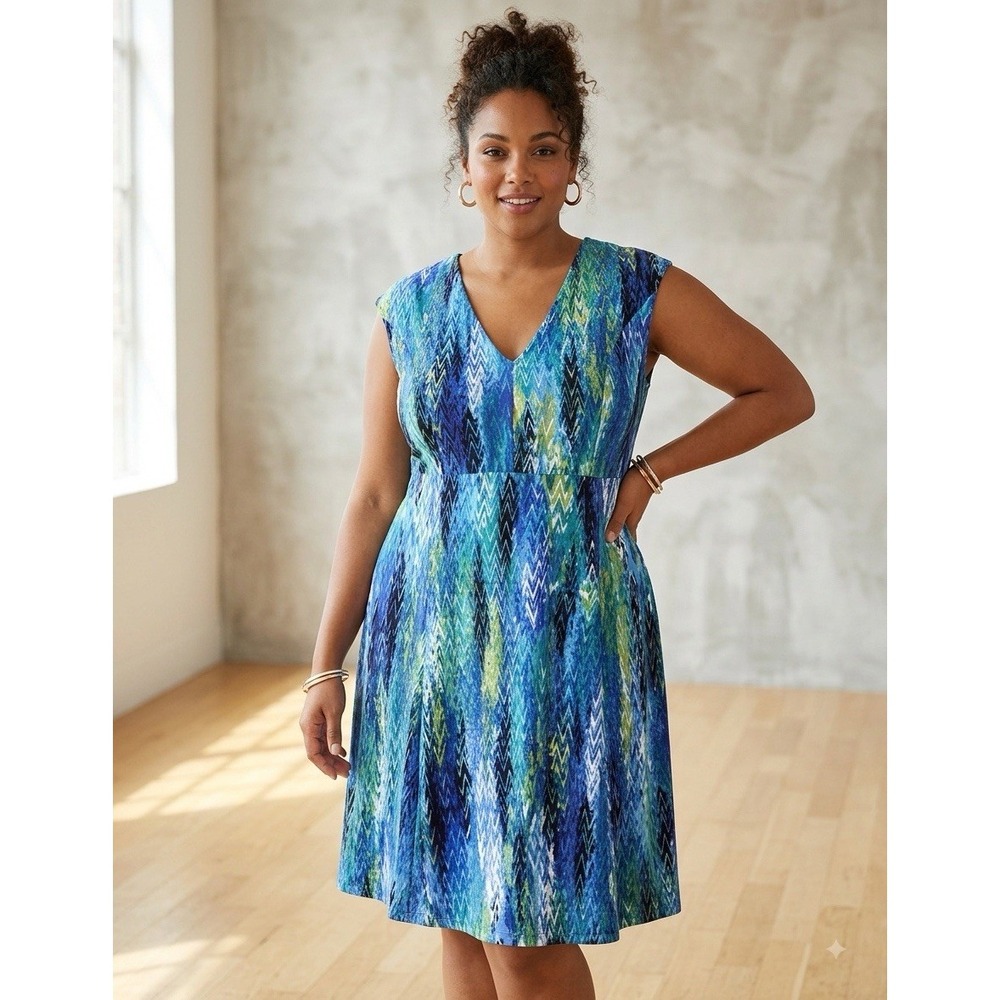 Peppermint Bay Geometric Knit A-Line Dress XL V-Neck Cap Sleeve Blue Green